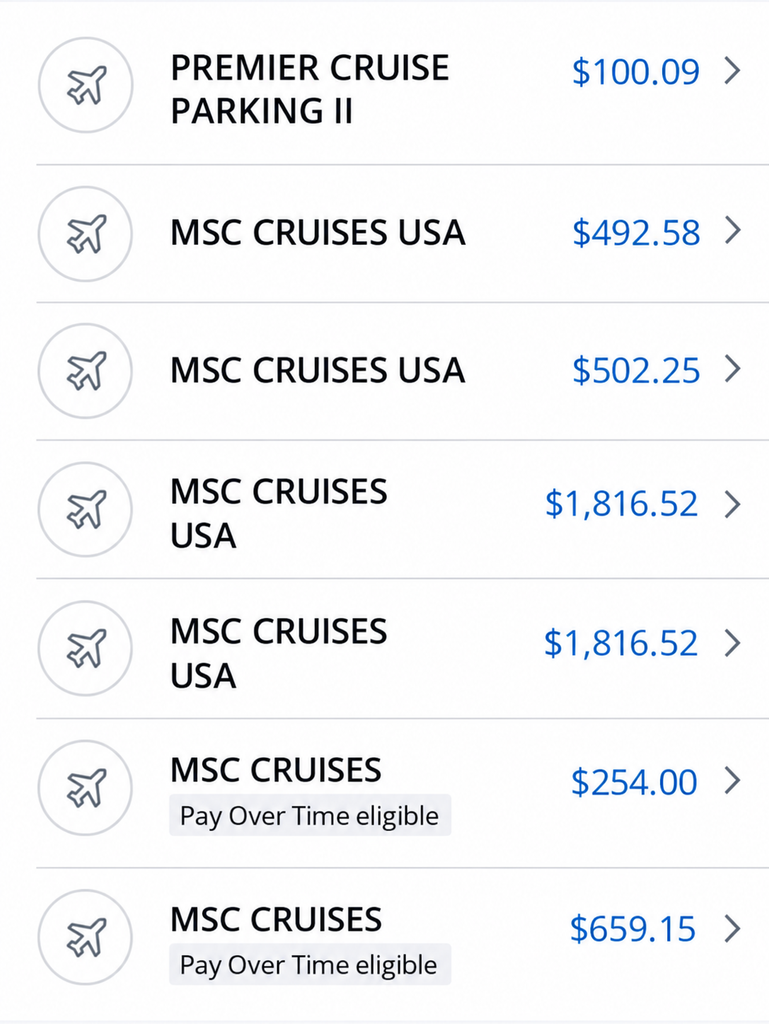 List of cruise-related charges including MSC Cruises payments and parking