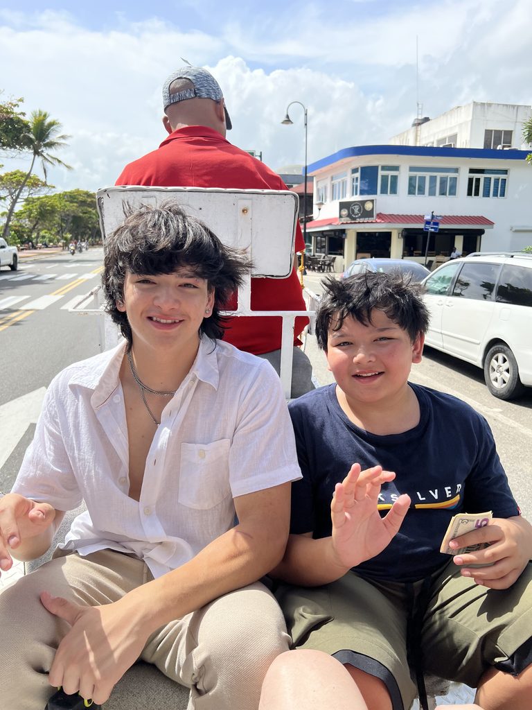 Two boys smiling in the back of a horse carriage on a Puerto Plata street